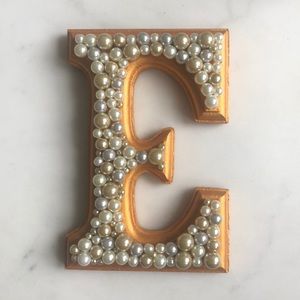Gold Wooden Letter “E” with Pearls